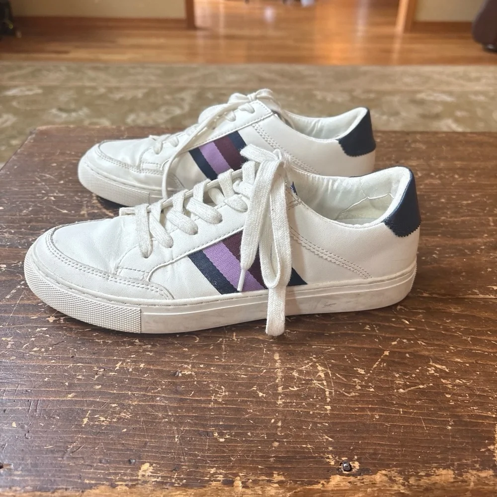 J. Crew White Leather Kids Sneakers with Navy and Purple Stripes